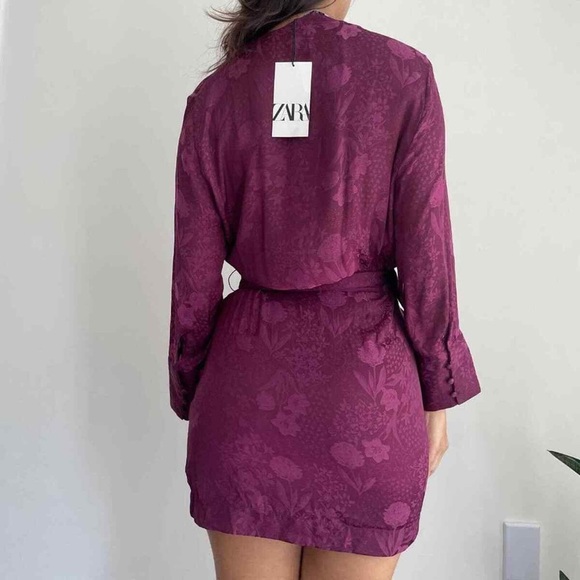 Zara new with tags long sleeve satin floral printed belted mini dress - Picture 2 of 10